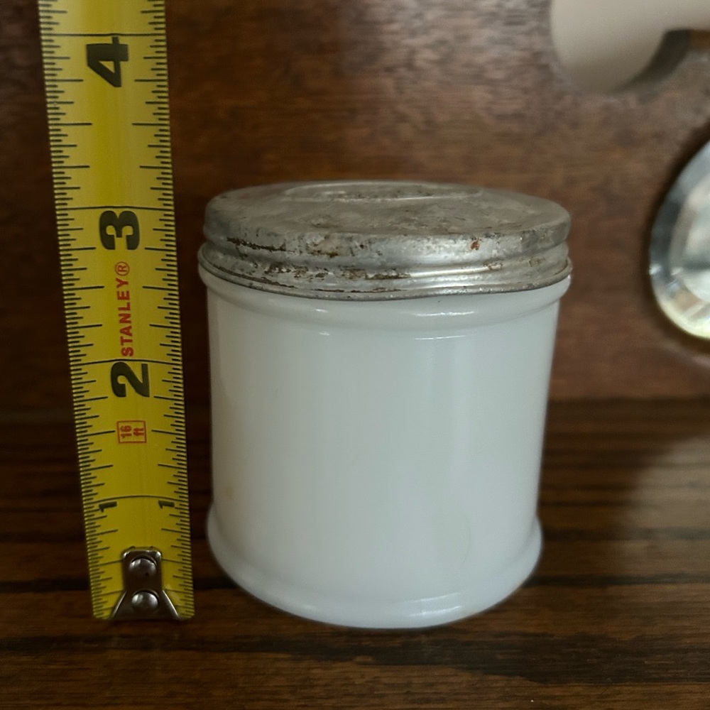 Vintage J.R. Watkins Co. milk glass jar and screw on metal lid